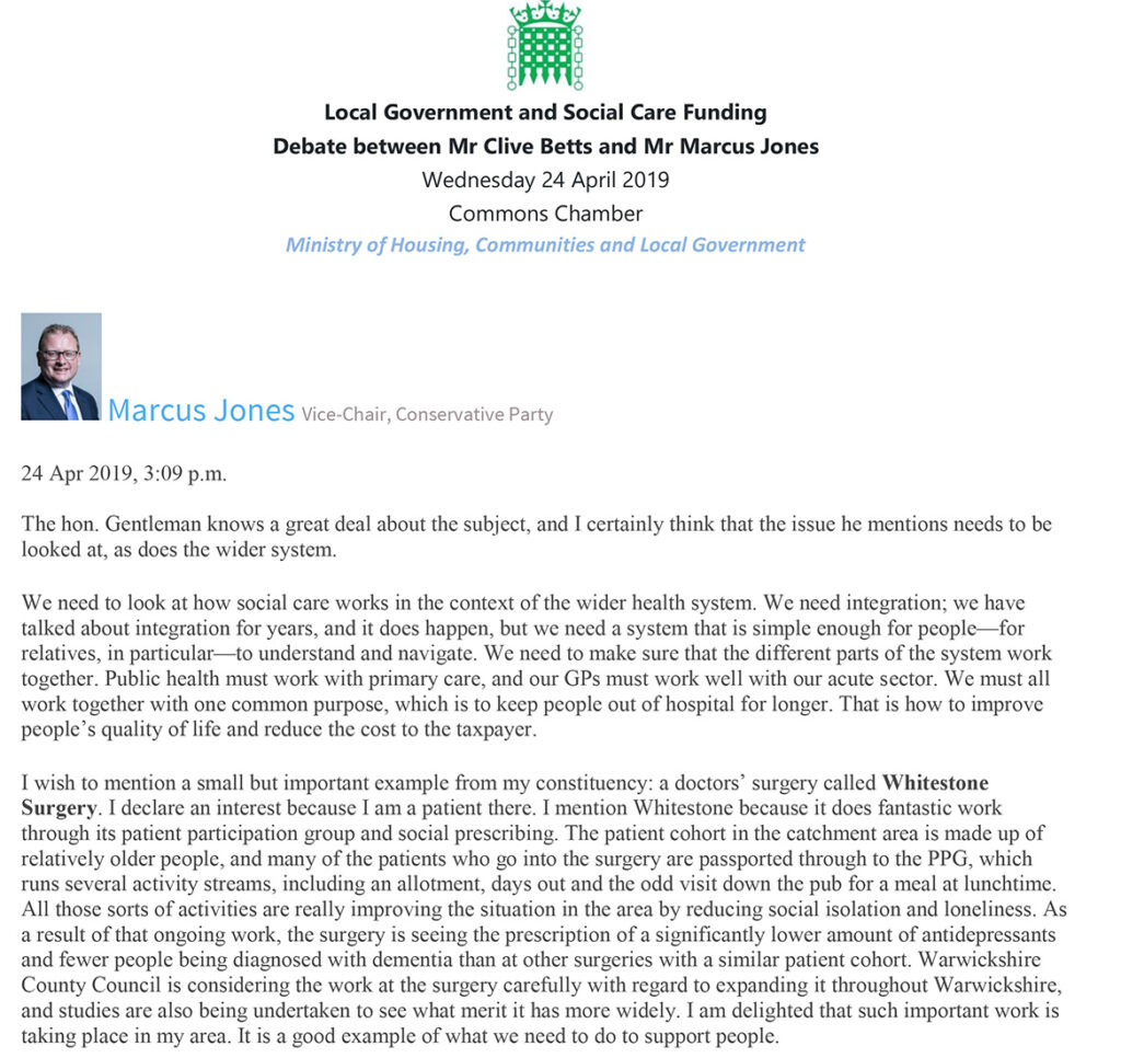 Marcus Jones MP Discusses social prescribing in Parliament